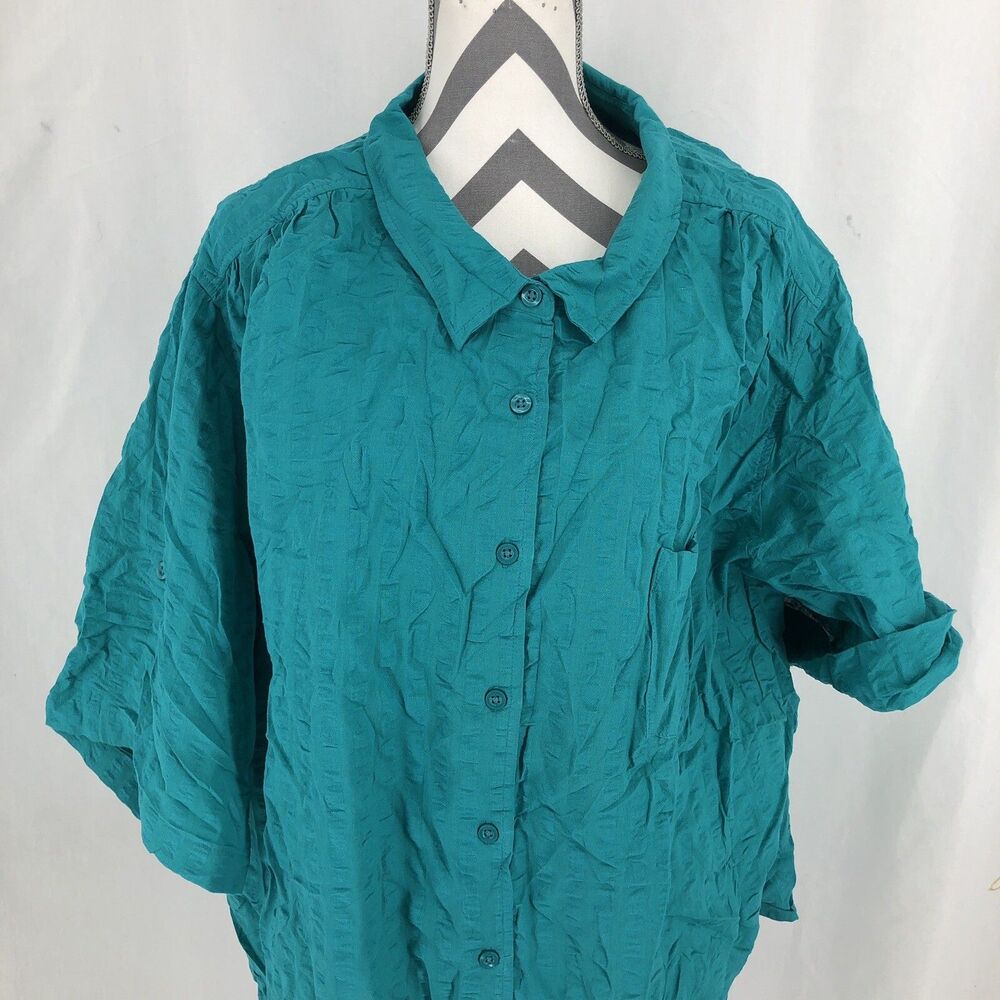 Woman Blue Button Up Blouse Roll Tab 3/4 Sleeve Textured Shirt 4X 34/36